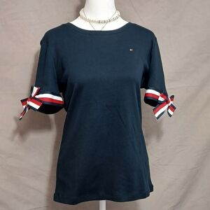 Navy Blue Women's Top with Ribbon Accents